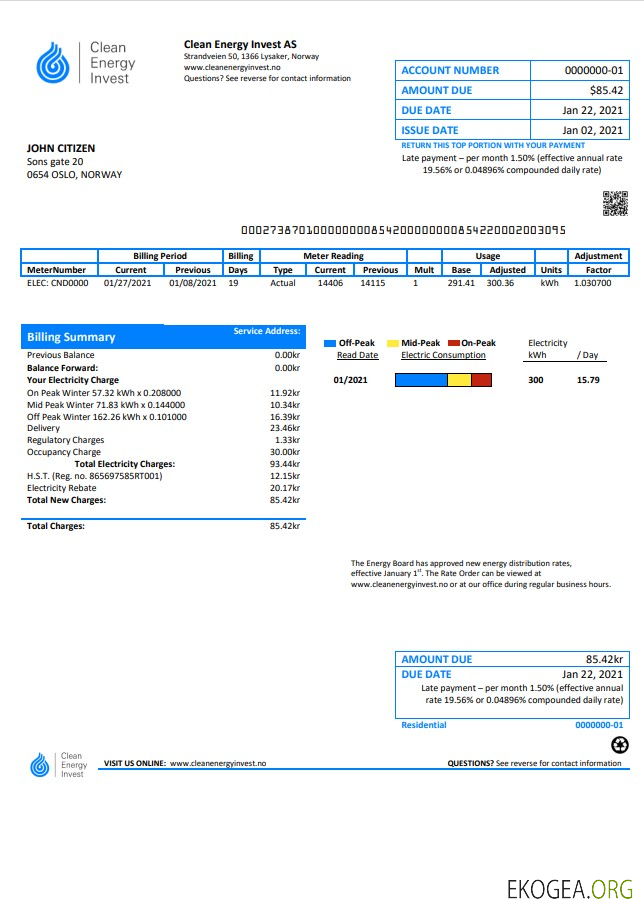 Norway Clean Energy Invest AS utility bill template in Word and PDF format, good for address prove
